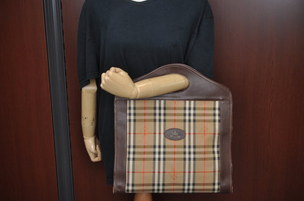 Authentic Burberrys Nova Check Canvas Hand Bag Brown Beige L0208