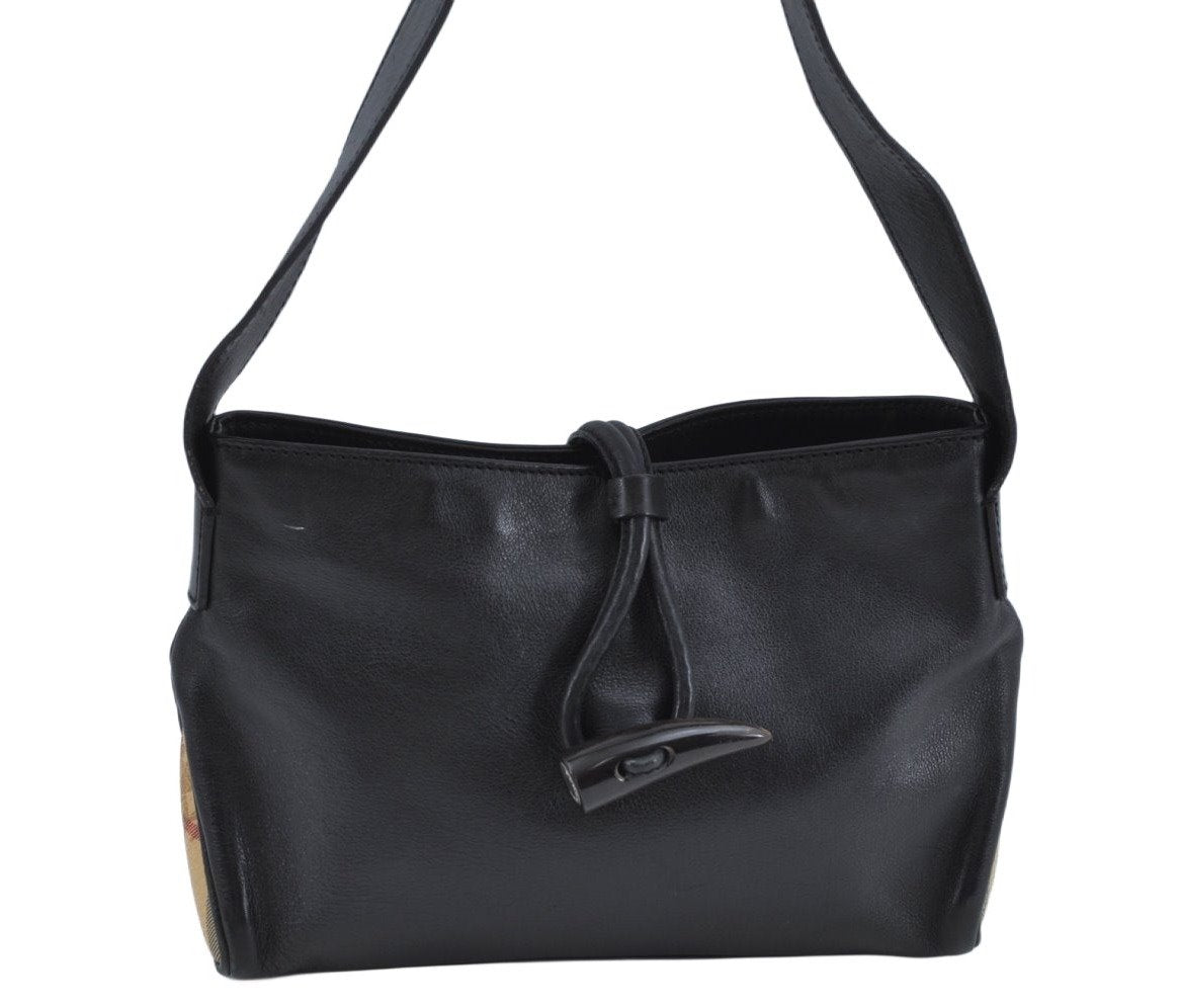Authentic BURBERRY Vintage Leather Shoulder Hand Bag Purse Black L0209