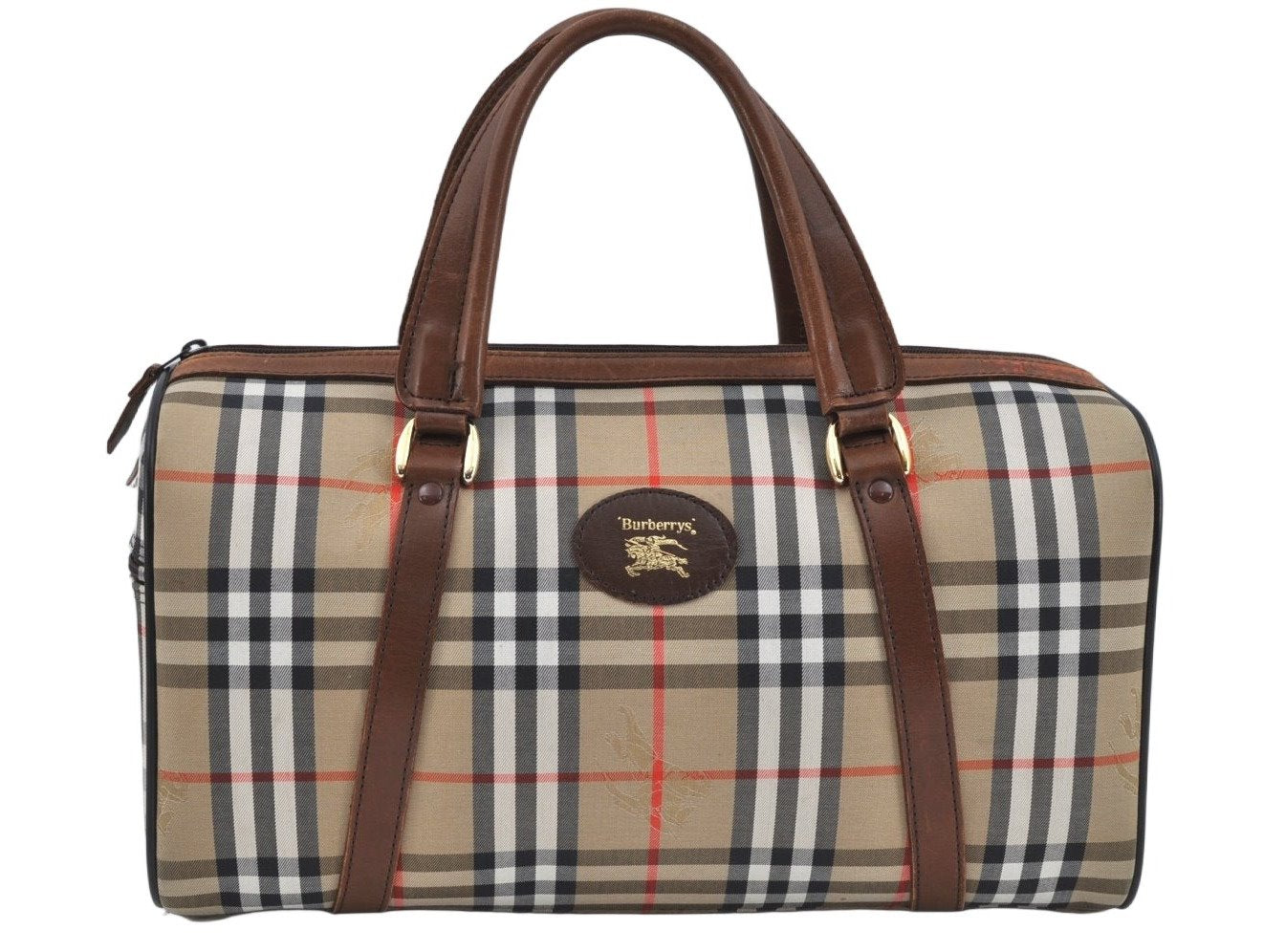Authentic Burberrys Nova Check Canvas Hand Boston Bag Brown Beige L0211