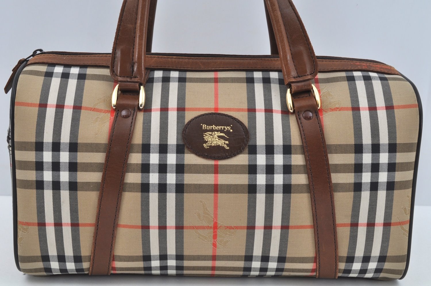 Authentic Burberrys Nova Check Canvas Hand Boston Bag Brown Beige L0211