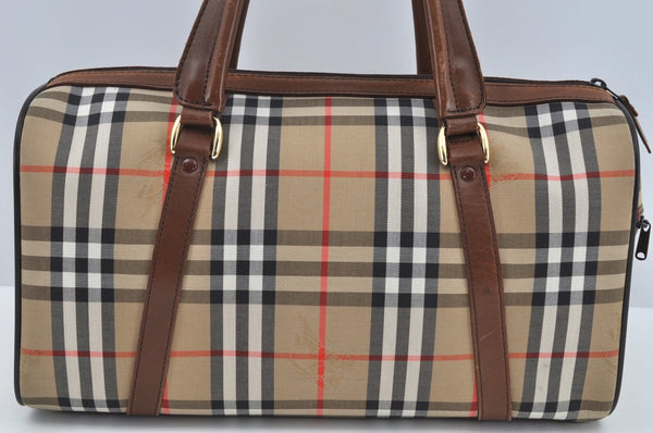 Authentic Burberrys Nova Check Canvas Hand Boston Bag Brown Beige L0211