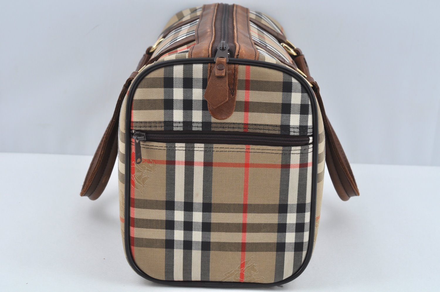 Authentic Burberrys Nova Check Canvas Hand Boston Bag Brown Beige L0211