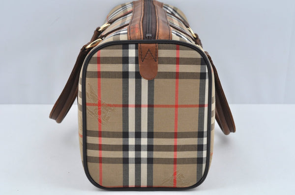 Authentic Burberrys Nova Check Canvas Hand Boston Bag Brown Beige L0211