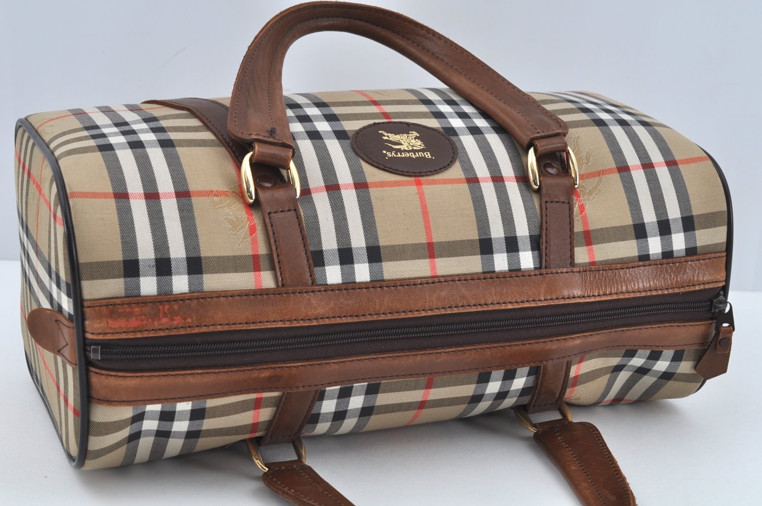 Authentic Burberrys Nova Check Canvas Hand Boston Bag Brown Beige L0211