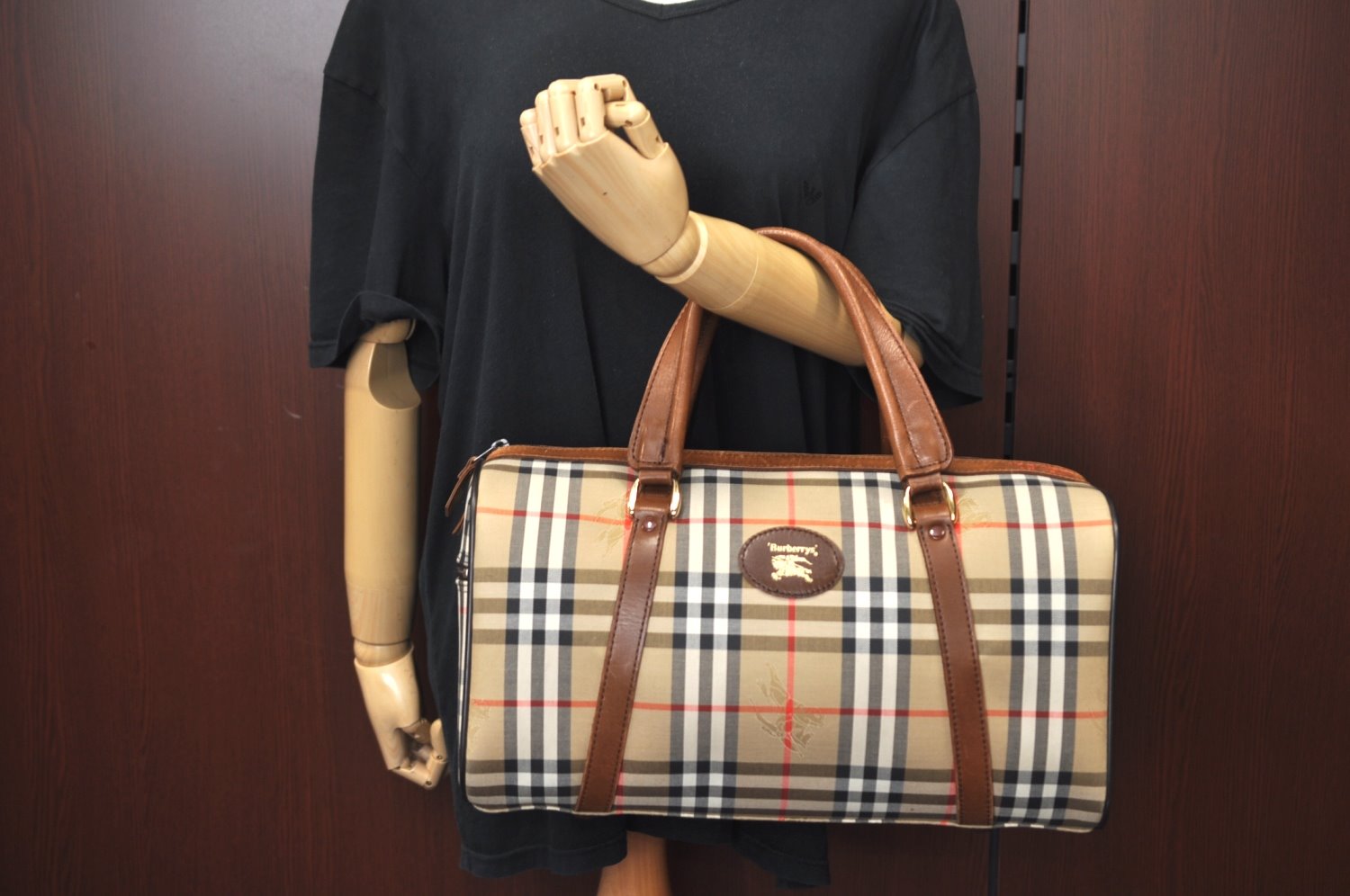 Authentic Burberrys Nova Check Canvas Hand Boston Bag Brown Beige L0211