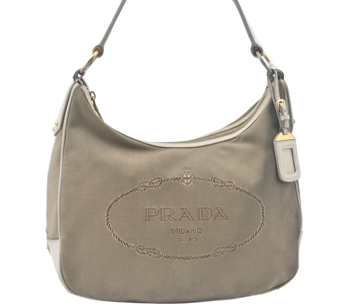 Authentic PRADA Canvas Shoulder Bag Leather Beige L0213