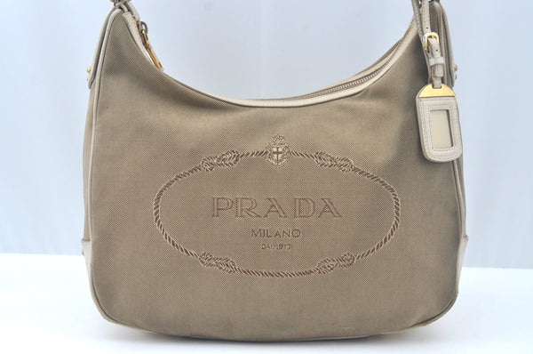 Authentic PRADA Canvas Shoulder Bag Leather Beige L0213