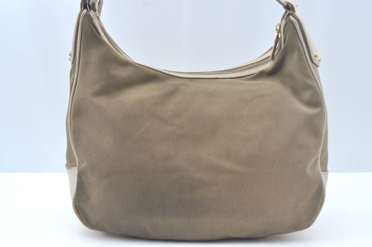 Authentic PRADA Canvas Shoulder Bag Leather Beige L0213