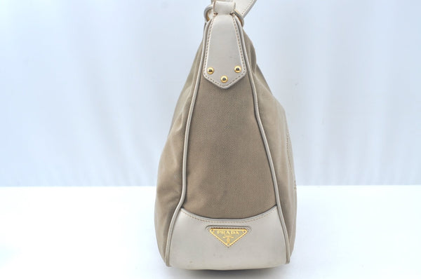 Authentic PRADA Canvas Shoulder Bag Leather Beige L0213