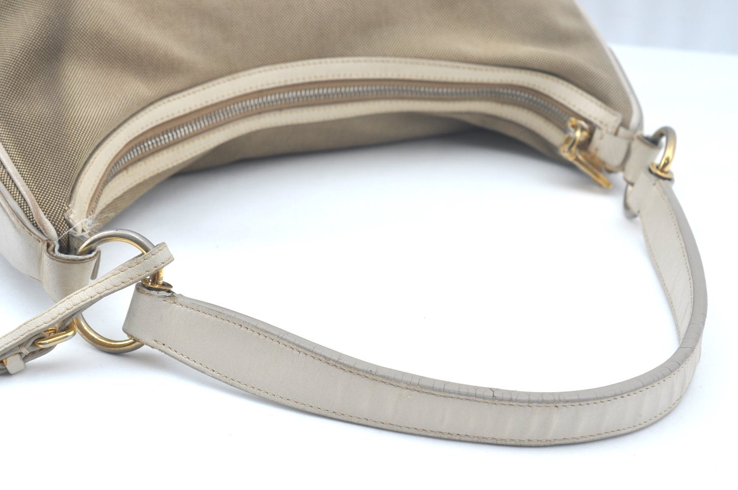 Authentic PRADA Canvas Shoulder Bag Leather Beige L0213