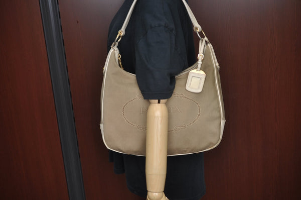 Authentic PRADA Canvas Shoulder Bag Leather Beige L0213