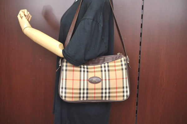 Authentic BURBERRY Nova Check Shoulder Bag Purse Canvas Leather Beige L0214