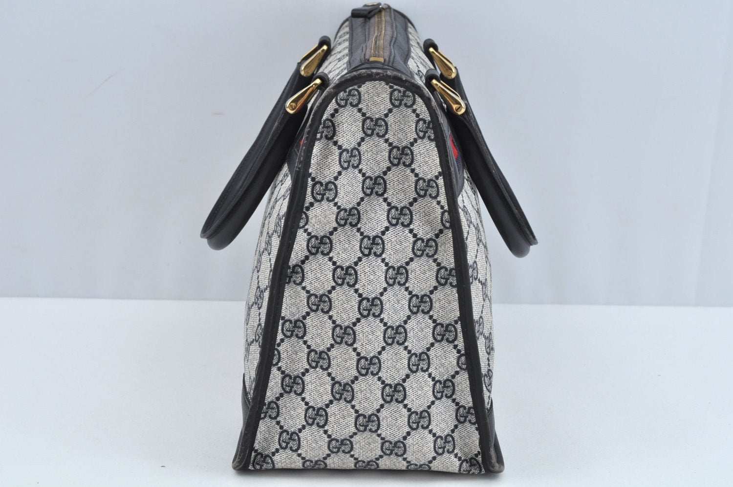 Authentic GUCCI Sherry Line Hand Bag GG PVC Leather Navy Blue L0222