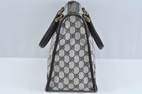 Authentic GUCCI Sherry Line Hand Bag GG PVC Leather Navy Blue L0222