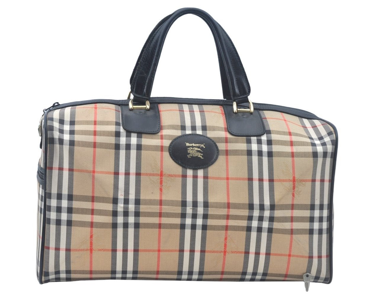 Authentic Burberrys Vintage Nova Check Travel Boston Bag Canvas Beige L0236