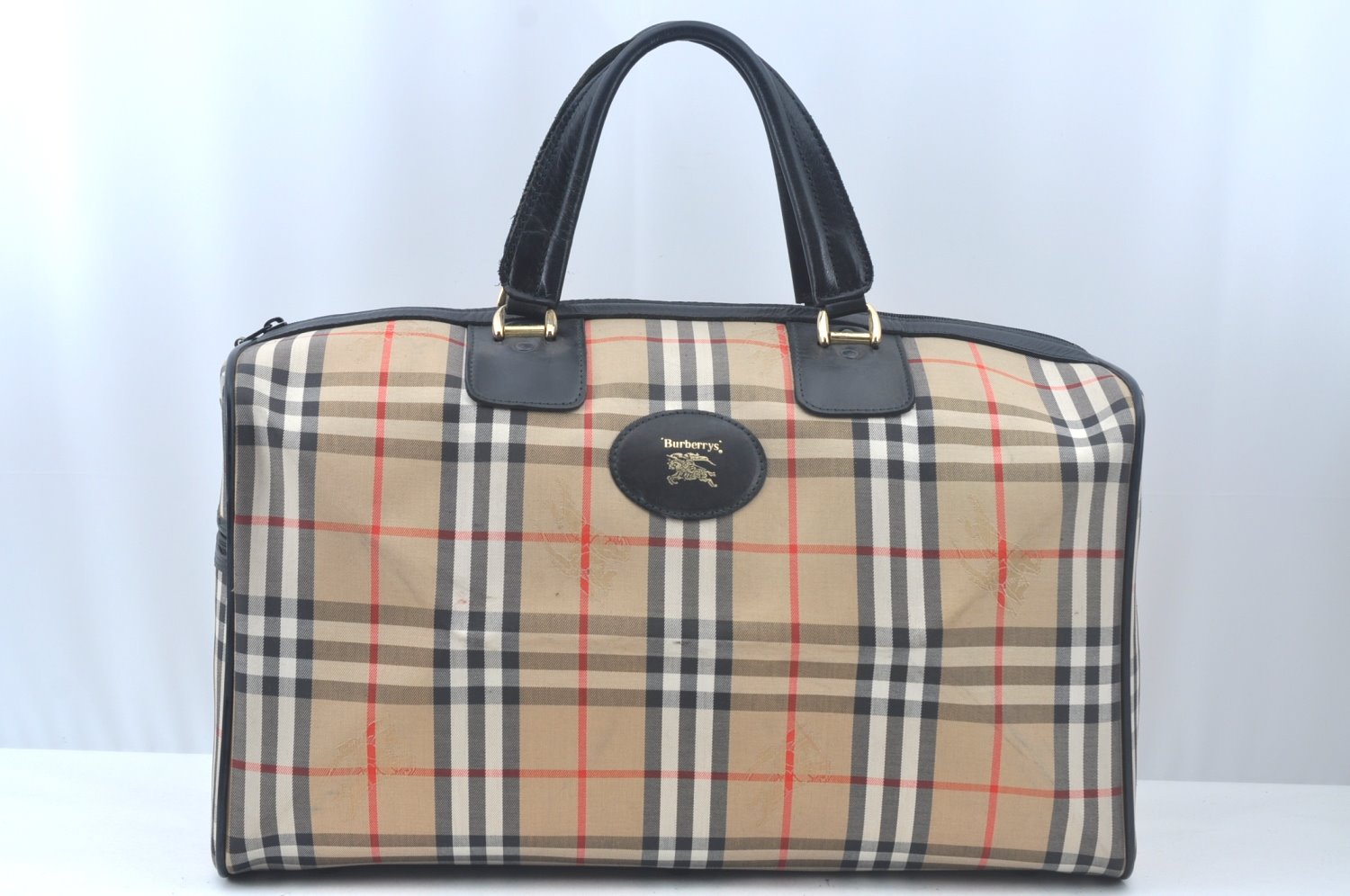 Authentic Burberrys Vintage Nova Check Travel Boston Bag Canvas Beige L0236