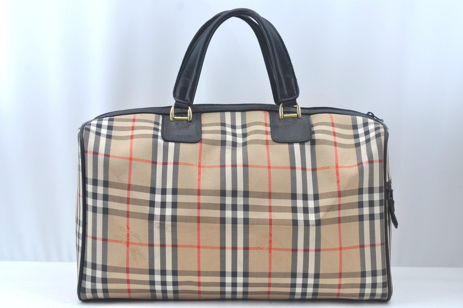 Authentic Burberrys Vintage Nova Check Travel Boston Bag Canvas Beige L0236