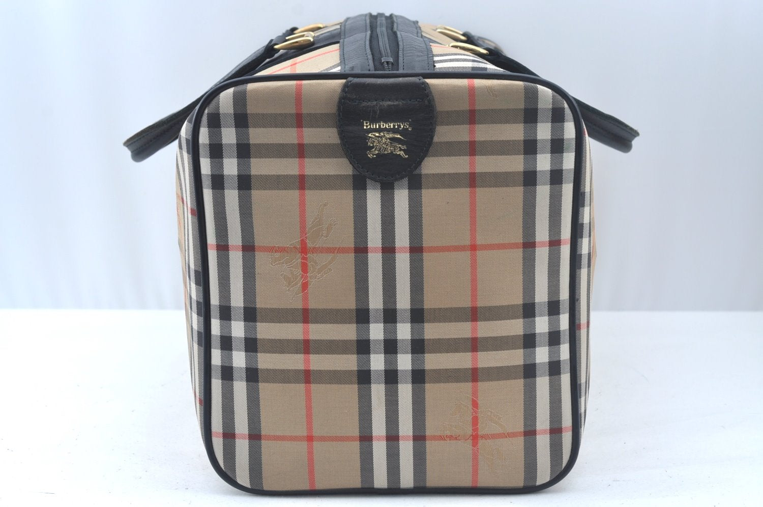 Authentic Burberrys Vintage Nova Check Travel Boston Bag Canvas Beige L0236