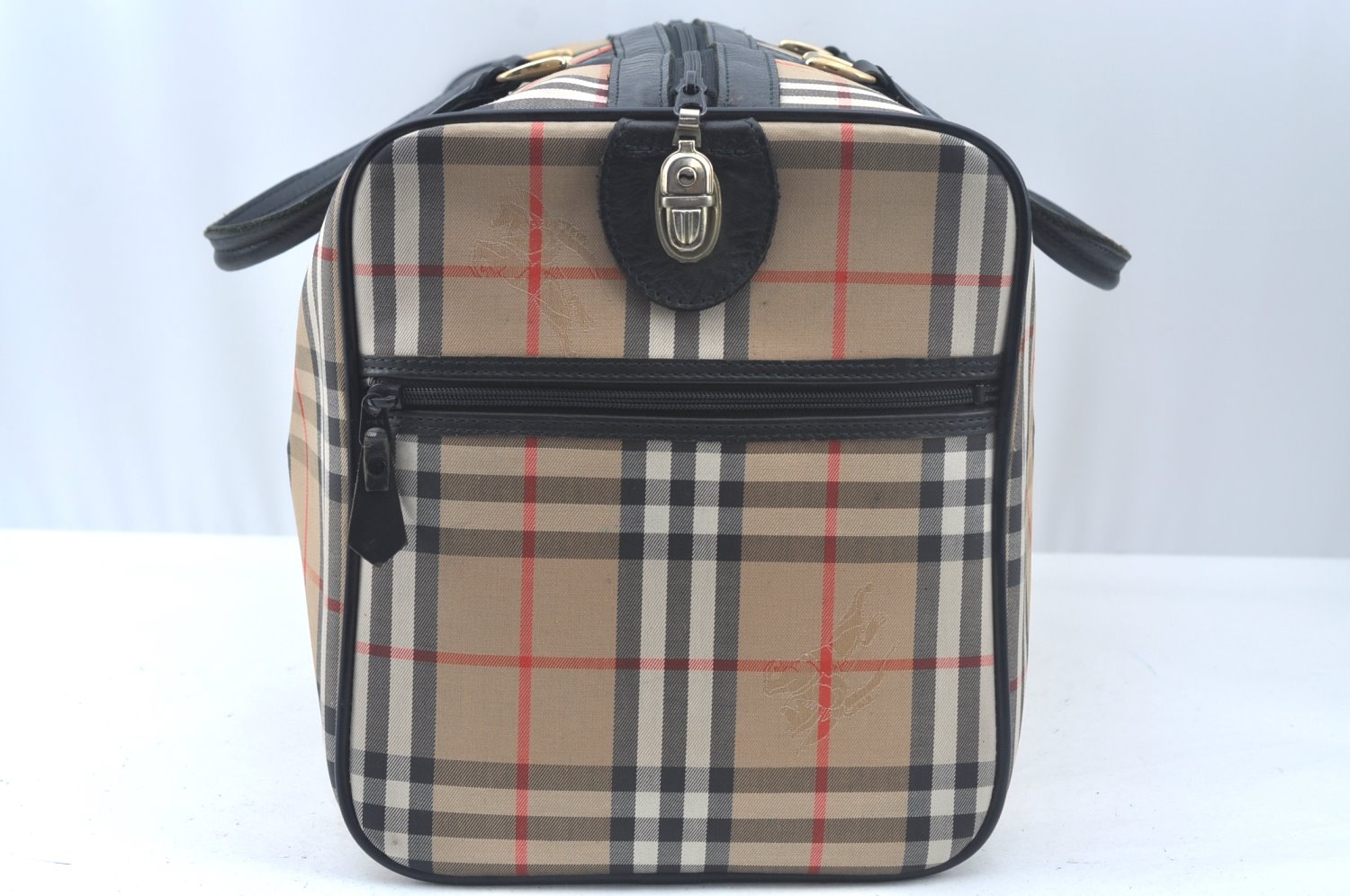 Authentic Burberrys Vintage Nova Check Travel Boston Bag Canvas Beige L0236