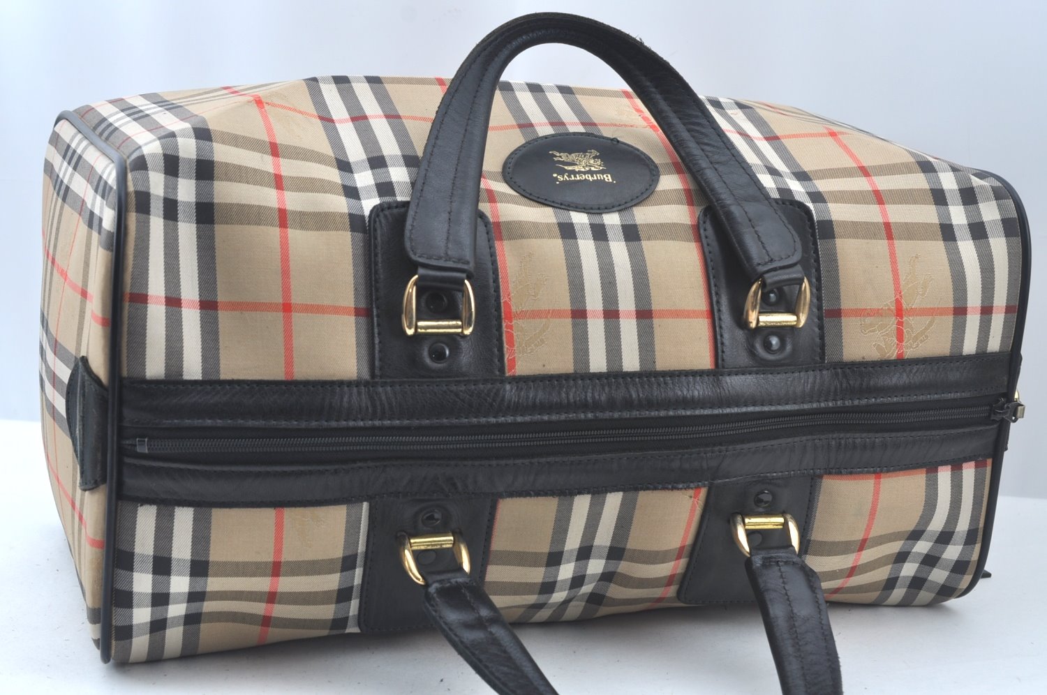 Authentic Burberrys Vintage Nova Check Travel Boston Bag Canvas Beige L0236