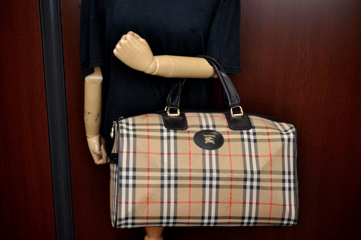 Authentic Burberrys Vintage Nova Check Travel Boston Bag Canvas Beige L0236