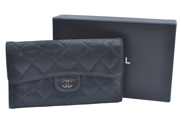 Authentic CHANEL Calf Skin Long Wallet Purse Black CC Logo Box L0240