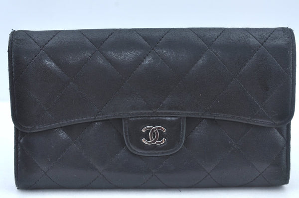 Authentic CHANEL Calf Skin Long Wallet Purse Black CC Logo Box L0240