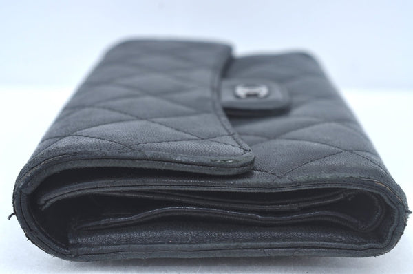 Authentic CHANEL Calf Skin Long Wallet Purse Black CC Logo Box L0240