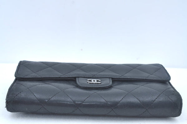 Authentic CHANEL Calf Skin Long Wallet Purse Black CC Logo Box L0240