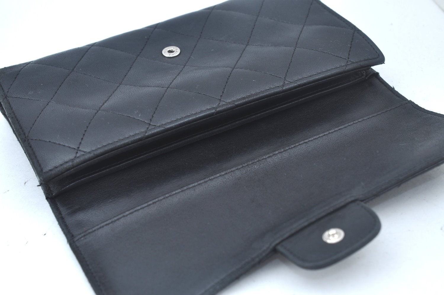 Authentic CHANEL Calf Skin Long Wallet Purse Black CC Logo Box L0240