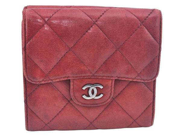 Authentic CHANEL Lamb Skin Matelasse Bifold Wallet Purse Red CC L0241