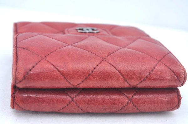 Authentic CHANEL Lamb Skin Matelasse Bifold Wallet Purse Red CC L0241