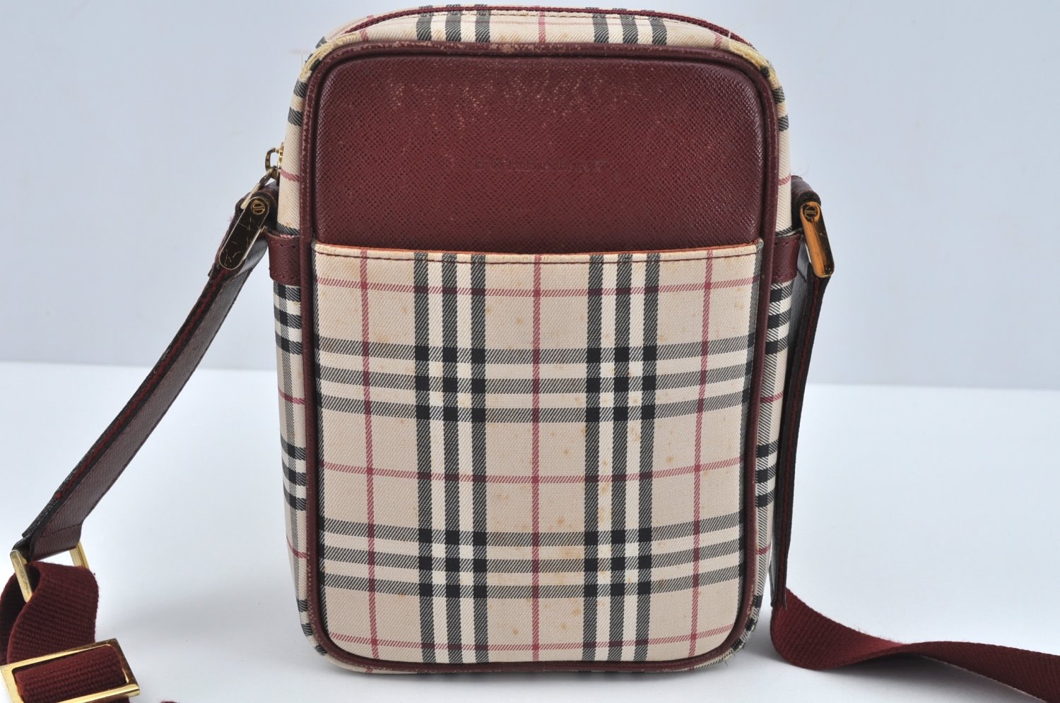 Authentic BURBERRY Nova Check Shoulder Cross Body Bag Canvas Beige Red L0255
