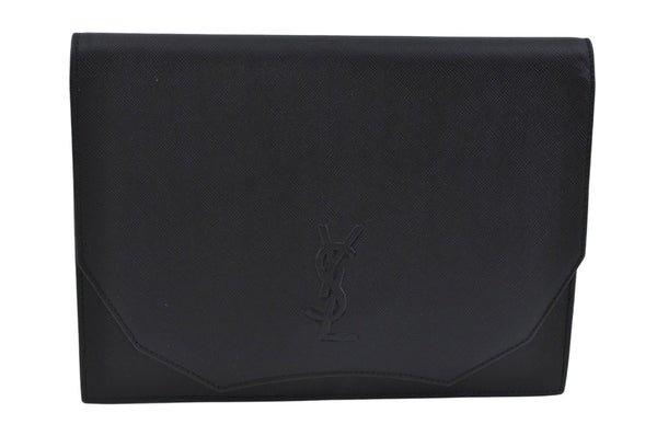 Authentic YVES SAINT LAURENT Clutch Hand Bag Purse Leather Black L0256