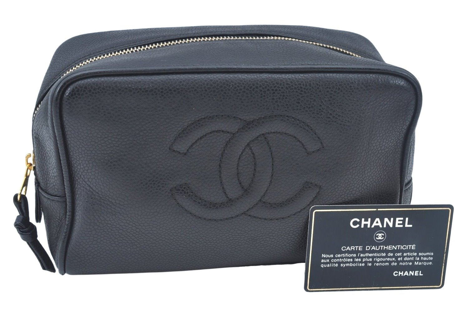 Authentic CHANEL Caviar Skin CC Logo Cosmetic Pouch Purse Black L0257