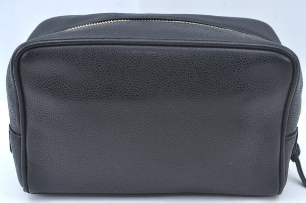 Authentic CHANEL Caviar Skin CC Logo Cosmetic Pouch Purse Black L0257