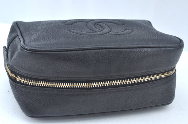 Authentic CHANEL Caviar Skin CC Logo Cosmetic Pouch Purse Black L0257