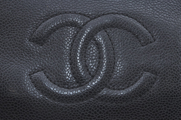 Authentic CHANEL Caviar Skin CC Logo Cosmetic Pouch Purse Black L0257