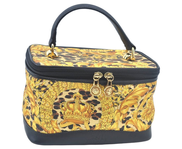 Auth VERSACE Sunburst Flower Leopard Vanity Bag PVC Leather Yellow Junk L0258