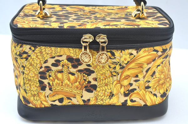 Auth VERSACE Sunburst Flower Leopard Vanity Bag PVC Leather Yellow Junk L0258