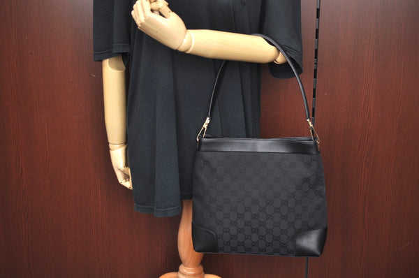 Authentic GUCCI Shoulder Bag GG Canvas Leather Black L0260