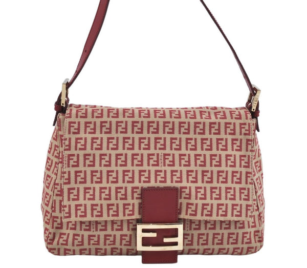 Authentic FENDI Zucchino Mamma Baguette Shoulder Bag Canvas Leather Red L0262