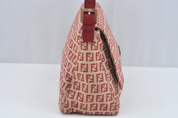 Authentic FENDI Zucchino Mamma Baguette Shoulder Bag Canvas Leather Red L0262