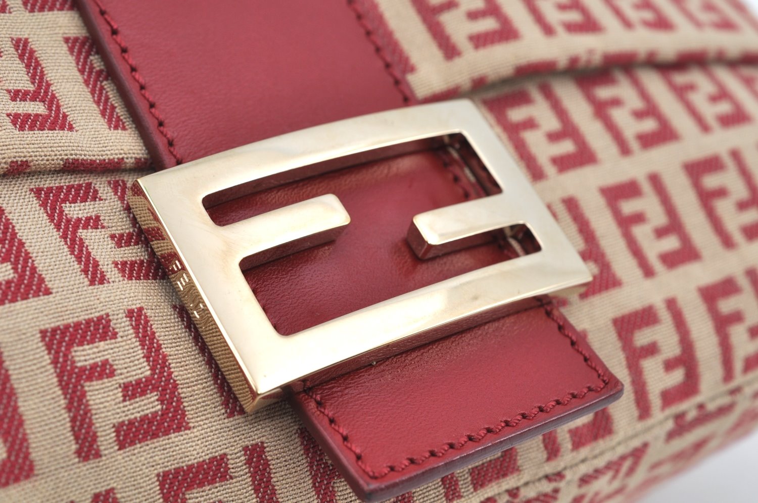 Authentic FENDI Zucchino Mamma Baguette Shoulder Bag Canvas Leather Red L0262