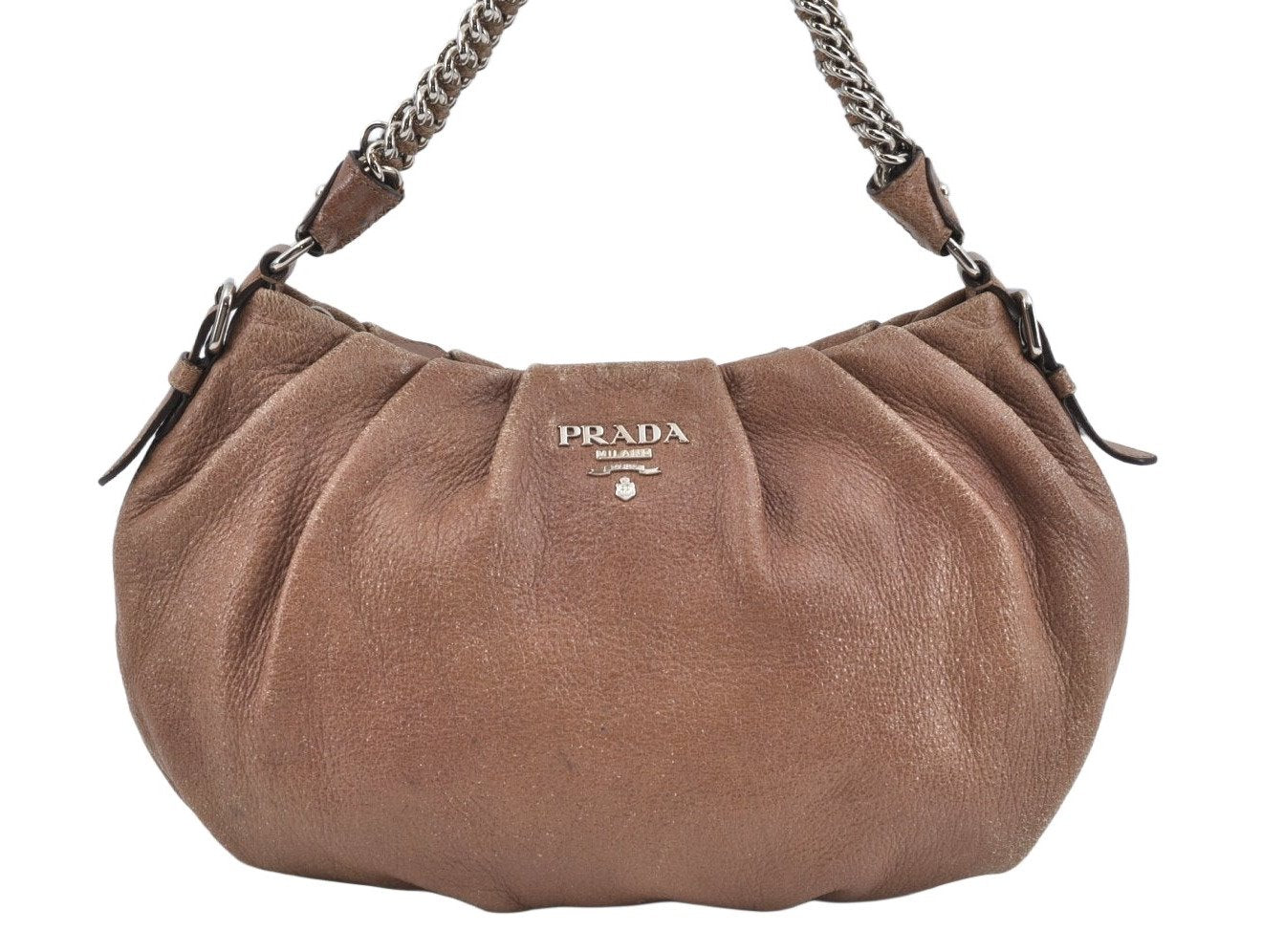 Authentic PRADA Leather Lame Chain Shoulder Hand Bag Beige Pink L0269