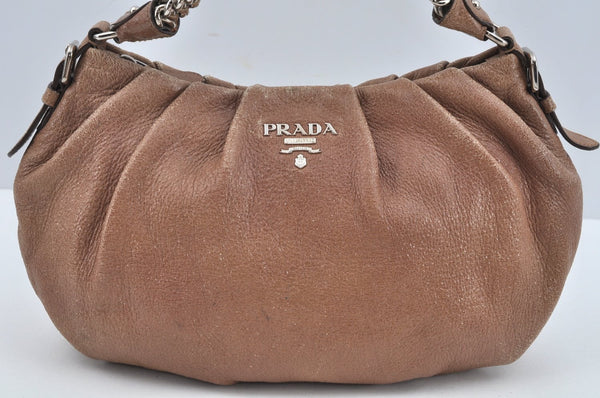 Authentic PRADA Leather Lame Chain Shoulder Hand Bag Beige Pink L0269