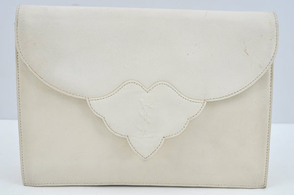 Authentic YVES SAINT LAURENT Clutch Hand Bag Purse Leather White L0270