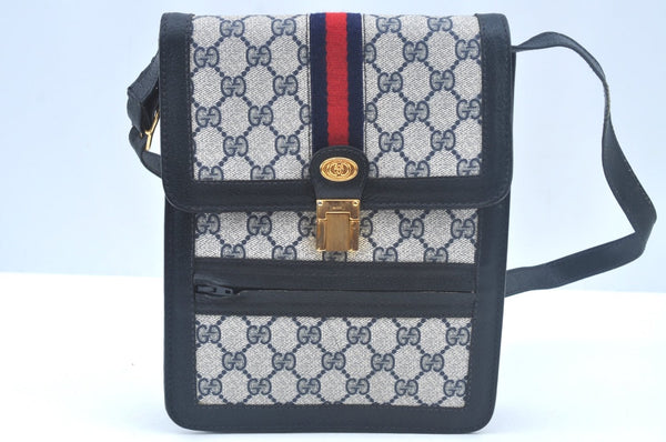 Authentic GUCCI Sherry Line Shoulder Cross Bag Leather Navy Blue L0272