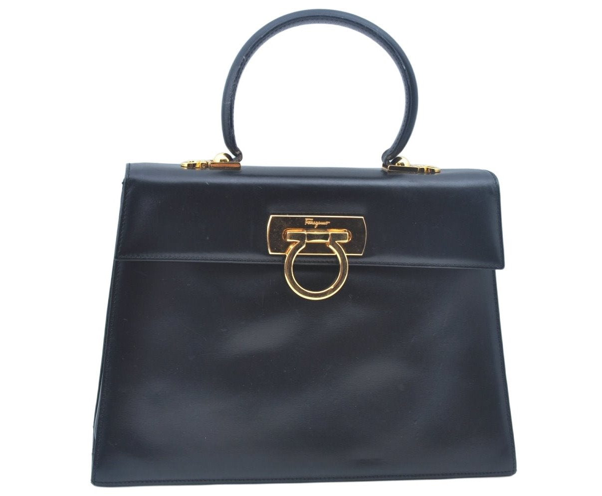 Authentic Salvatore Ferragamo Gancini Leather 2 Way Shoulder Hand Bag Black L0274