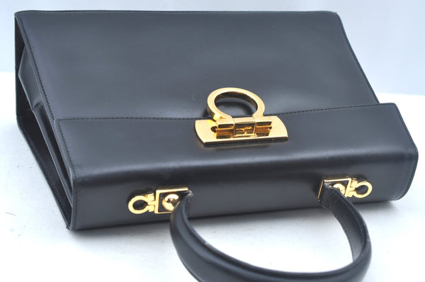 Authentic Salvatore Ferragamo Gancini Leather 2 Way Shoulder Hand Bag Black L0274